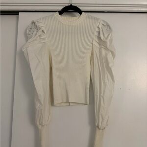 Zara Ivory Ribbed Knit Top with Puff Long Sleeves